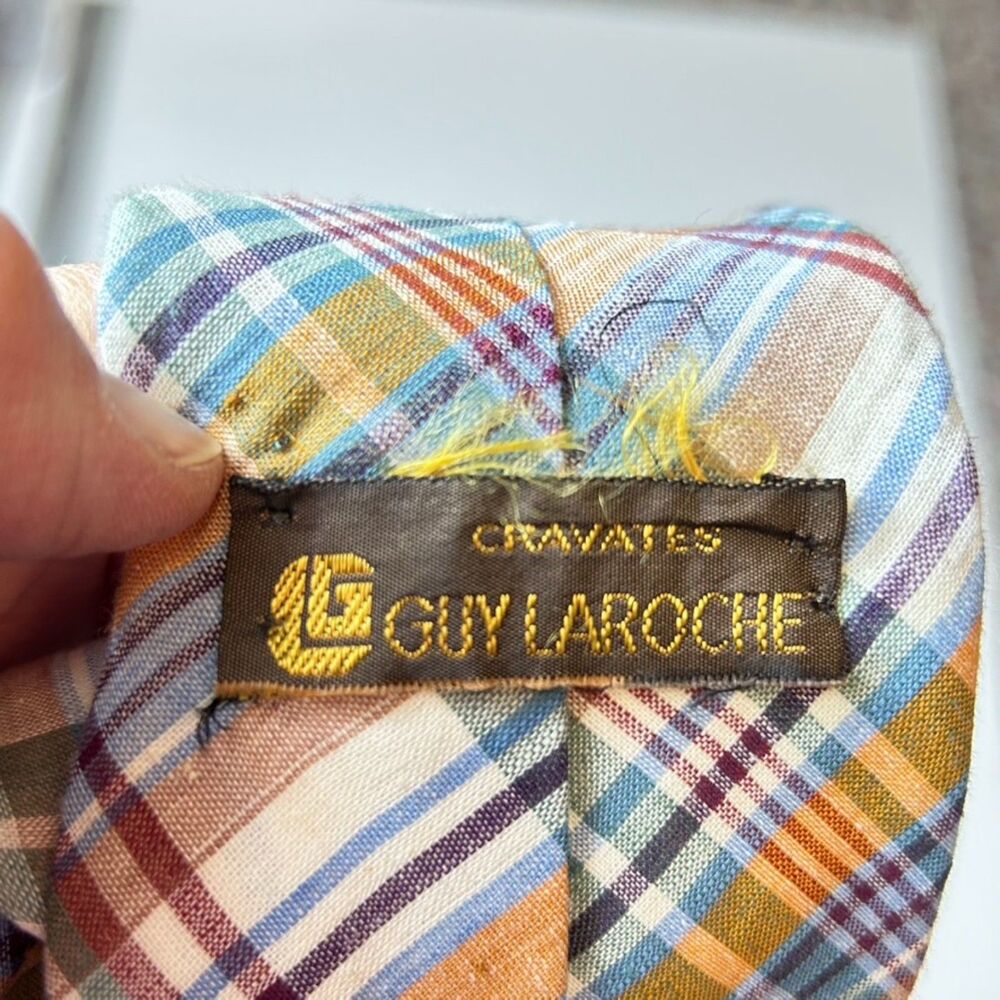 Vintage Guy Laroche Men's Brown Orange Blue Cotton Madras Plaid Tie - Picture 4 of 7